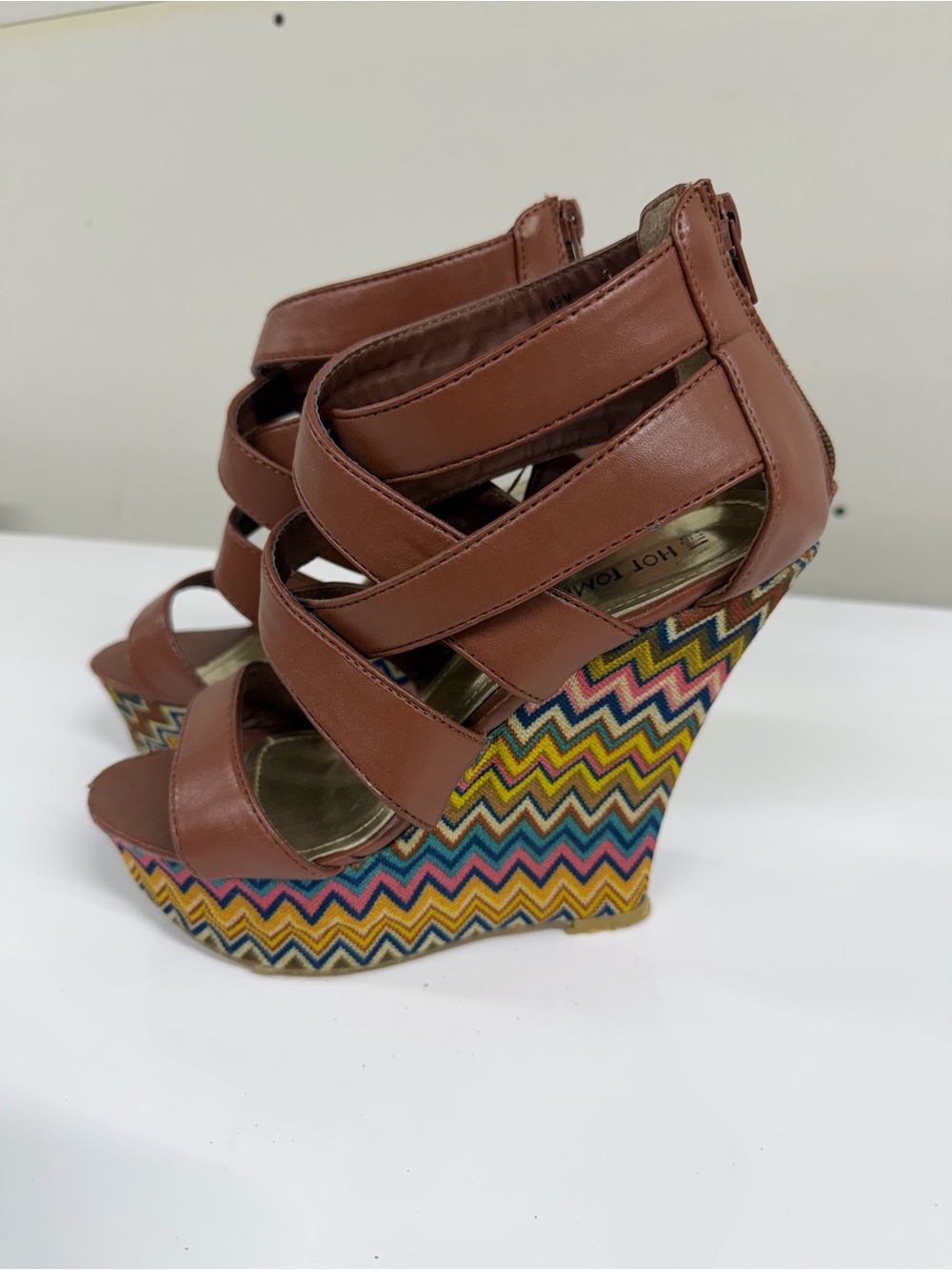 Brown Strappy Wedge Sandals with Chevron Pattern